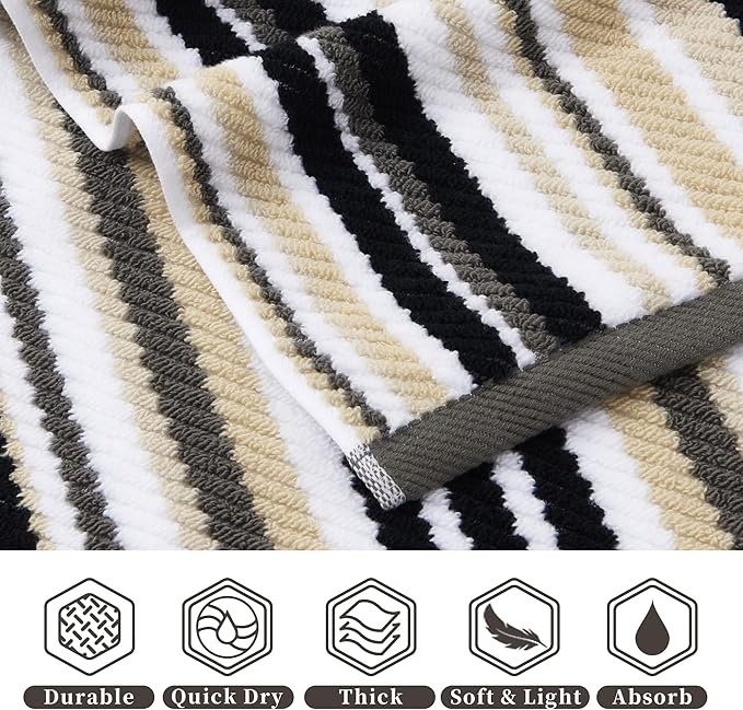 VOOVA & MOVAS 100% Cotton Ultra Soft Black Striped Washcloths (6 Pack, 13"x13") - Absorbent Quick Dry Lightweight Luxury Decorative Towels | Bathroom Set with Black + Gray Striped Design