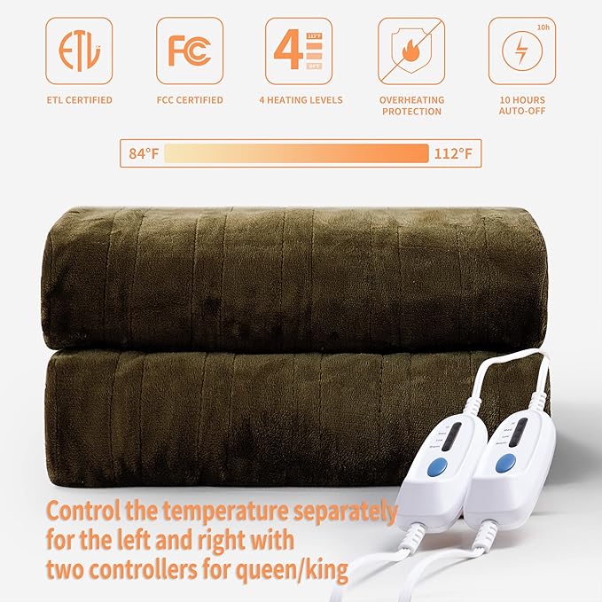 JET'S HOME Heated Blanket King 100"x90" - ETL&FCC Certified Flannel Electric Blanket Machine Washable Heating Blanket with 4 Heating Levels 10 Hours Auto-Off Overheating Protection (Pinecone)