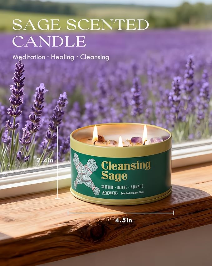 AOOVOO Sage Candle for Cleansing - 3 Wick 12oz Large Scented Candle with Crystals & Sage Leaves Inside, Soy Candles Non Toxic for Spiritual Gift, Aromatherapy Candle for Women Men Mother‘s Day