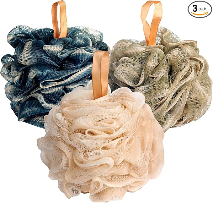 Fishent Bath Loofah Sponge, 3 Pack loofahs Exfoliating Body Scrubber, 60g Soft Mesh Pouf Shower Puffs, Loofa for Women and Men