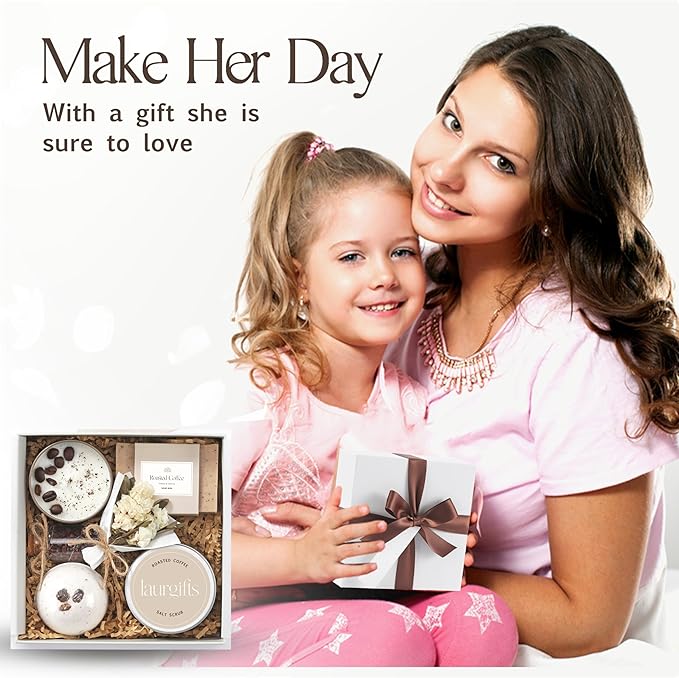 Mothers Day Spa Box for Women – Coffee Scented Candle Set with Bath Bomb & Salt Scrub, Handmade Birthday Present for Her