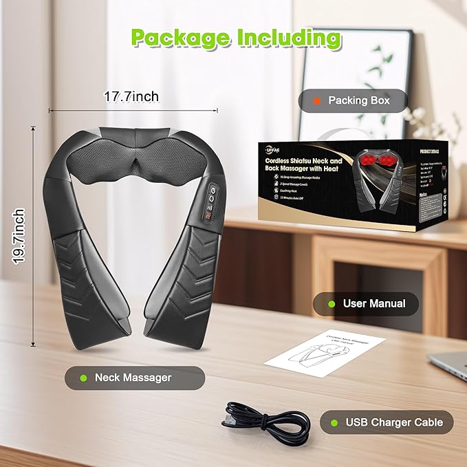 UFFAE Cordless Shiatsu Neck and Back Massager with Heat, Electric Deep Tissue Kneading Neck and Shoulder Massage, Best Gifts for Women Men Mom Dad Mothers Fathers Day Birthday Gift, Black (Cordless