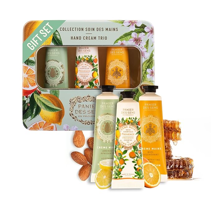 Panier des Sens - Mini Hand Cream Set - Gift Set for Women - Almond, Citrus & Honey - Natural Moisturizing Hand Cream - Mothers Day Gift Ideas - Made in France - Travel Size Hand Lotion 3 x 1 Fl Oz