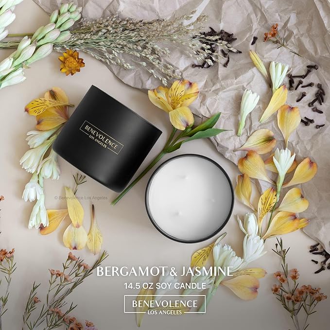Benevolence LA 3 Wick Candle, Bergamot & Jasmine Large Christmas Scented Candles | Soy Candles | Holiday Candle Gifts for Women and Men | Home Fragrance | Aromatherapy | 14.5 Oz, 45 Hour Burn