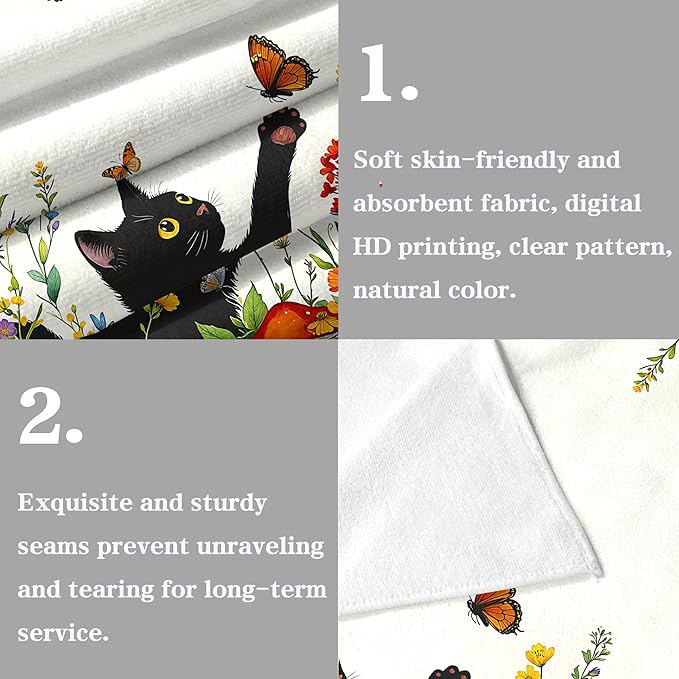 Accnicc 2 Pack Black Cat Bathroom Hand Towels Decorative Spring Floral Dish Kitchen Towel 16x27 Inch Botanical Butterfly Mushroom Wildflowers Absorbent Soft Microfiber Bath Towels Hotel Spa Decor