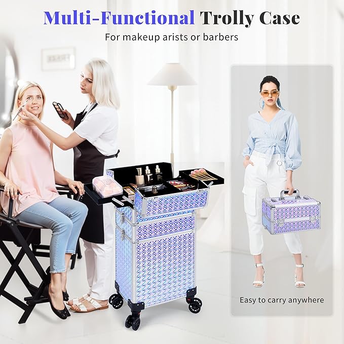 3 in 1 Rolling Makeup Train Case Professional Large Cosmetic Trolley Cosmetology Case on Wheels Traveling Cart Trunk for Hairstylist Artist Nail Beauty Salon Barber, Silver