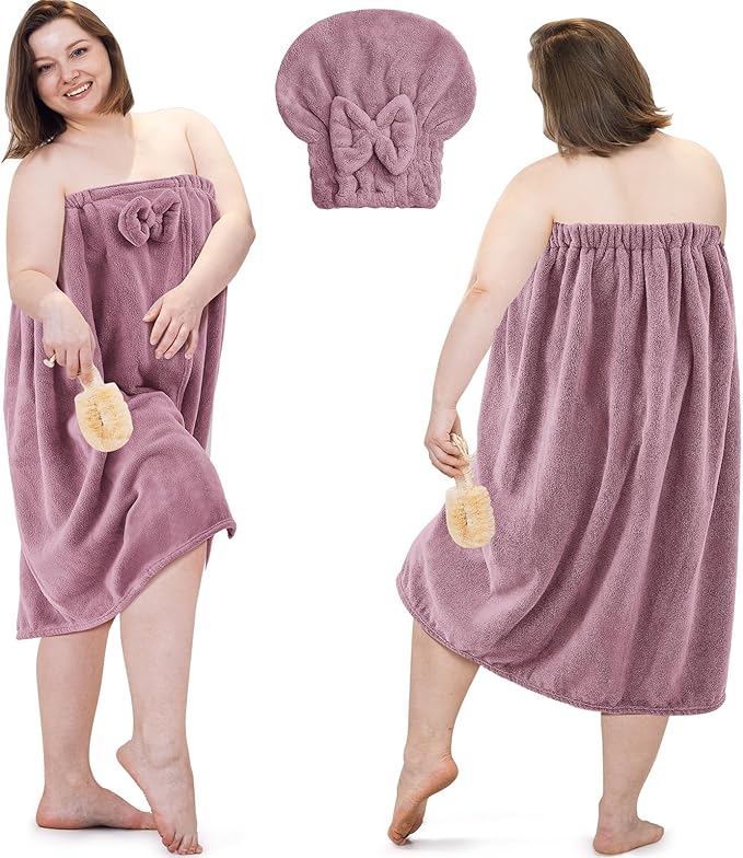 Xtinmee 2 Sets Plus Size Womens Wrap Towel with Hair Towel Bath Towel Wrap Shower Dress Towel Spa Wraps for Women's Bathrobe (Purple)