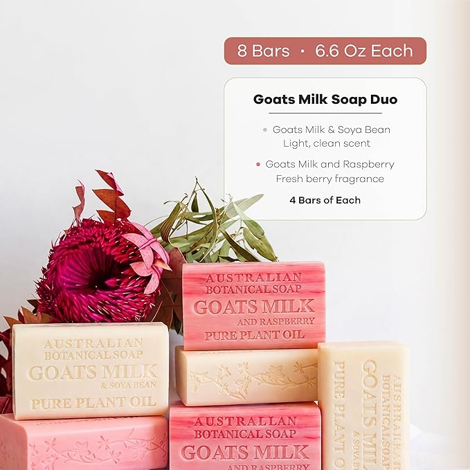 Australian Botanical Soap, Classic Goat Milk and Goat's Milk with Raspberry, 6.6 OZ, Triple Milled Bars made with Enriched with Organic Shea Butter, Pack of 8