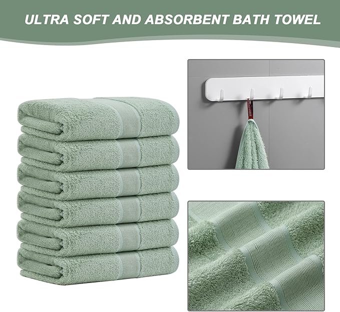 Aibaser Bath Towels, 27x54inch - Natural, Ultra Absorbent Towels for Bathroom, Travel, Gym, Shower and Spa (6 Piece Set) (Green)