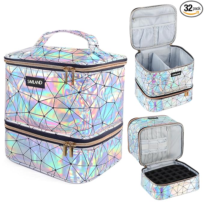 SAVILAND Nail Polish Organizer Bag: PU Leather Nail Kit Organizer Holds 30 Bottles & Nail Lamp, Holographic Nail Supply Organizer Nail Polish Holder Case Nail Organizers and Storage Box for Nail Tech