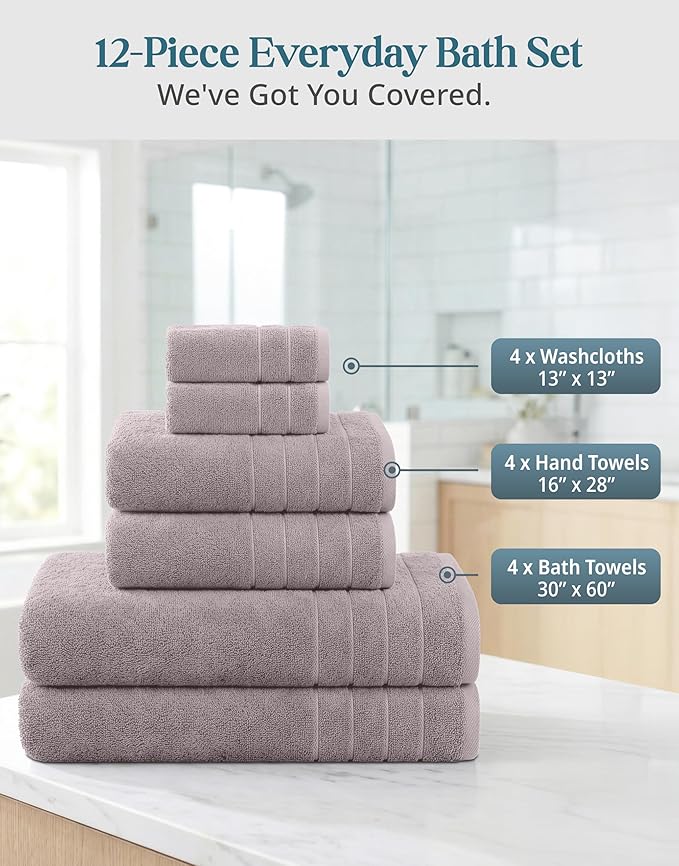 Casa Platino 100% Cotton Bathroom Towel Set - 12 Pcs - Very Soft, Quick Dry & Highly Absorbent - 4 Bath, 4 Wash Cloth, 4 Hand Towels - Ideal for Guests & Perfect for Your Bathroom - Platinum