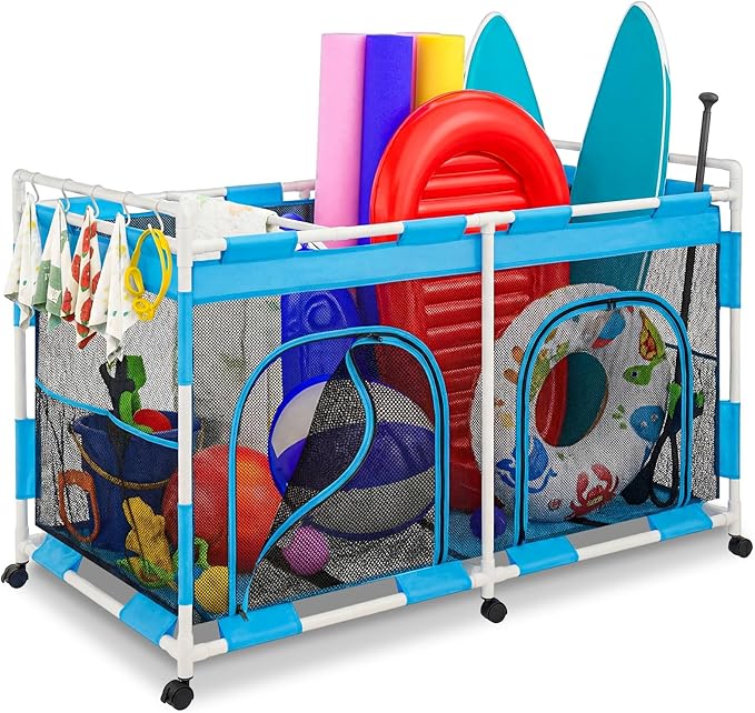 Briwooody 333 Gallon Pool Float Storage, 65" Swimming Pool Storage Organizer Rolling Bin with Zipper and Hooks for Outdoor Noodles, Toys, Towels, Floats, Beach Balls (Single Tier,65 x 37.4 x 31.9in)