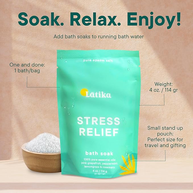 Latika Soaks Set of 3 - Stress Relief Soaks with Sweet Orange and Geranium Rose Moisturizing Epsom Salt Soak for Stress Relief, Relaxation, and Skin Nourishment, at-Home Spa Retreat Gift