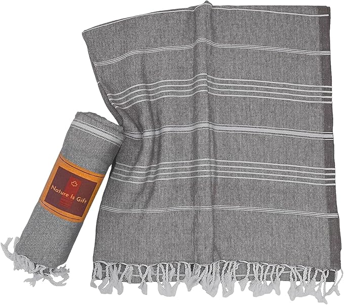 Beach Towel 100% Cotton Turkish Beach Towel Adult 38x70 Inch Pre-washed Absorbent Extra Large|Sand Free Quick Dry BathTowels|Lightweight Blanket|Travel Cruise Camping Spa Gym Yoga Towel|Black