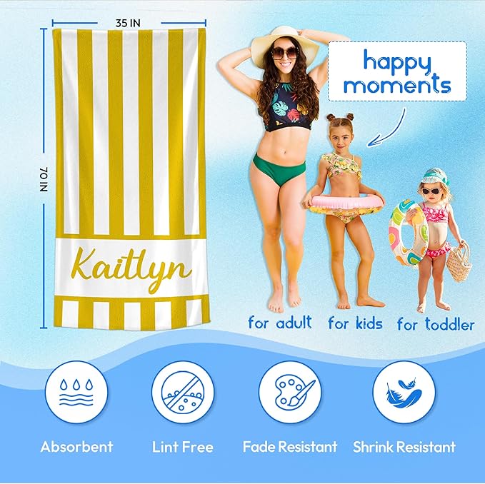 JML Personalized Beach Towel with Name, Custom Cabana Stripe Beach Towel, Customized Microfiber Pool Towel, Quick Dry & Absorbent Swim Towel for Adult,Anniversary, Birthday, Summer Holiday,Vacation