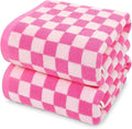 Jacquotha Hot-Pink Checkered Cotton Bath Towels Set of 2 - Cute Aesthetic Bathroom Towels for Women Girls Teens, Bathroom Decor 27.5" x 55"