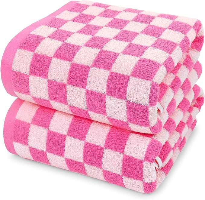 Jacquotha Hot-Pink Checkered Cotton Bath Towels Set of 2 - Cute Aesthetic Bathroom Towels for Women Girls Teens, Bathroom Decor 27.5" x 55"
