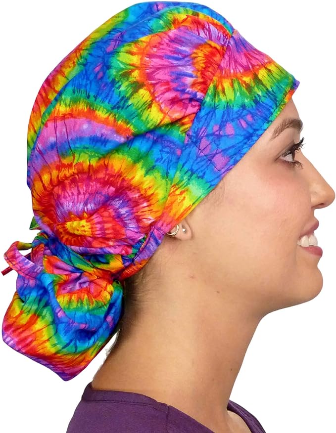 Sparkling EARTH Banded Bouffant Surgical Scrub Ponytail Working Caps and Built-in Sweatband - 100% Cotton - Made in The USA