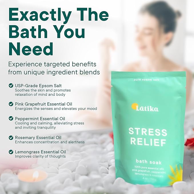 Latika Soaks Set of 3 - Stress Relief Soaks with Sweet Orange and Geranium Rose Moisturizing Epsom Salt Soak for Stress Relief, Relaxation, and Skin Nourishment, at-Home Spa Retreat Gift