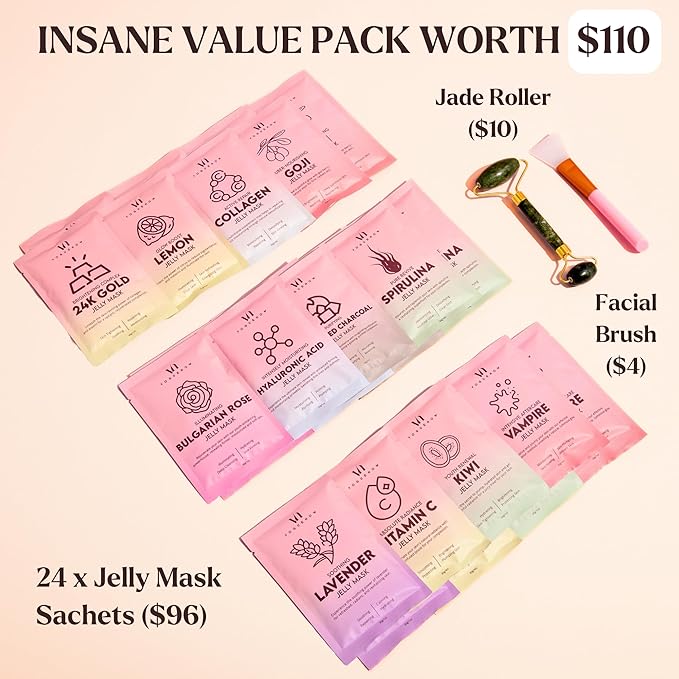 Jelly Mask for Facials - 24 Flavors Hydrating & Brightening Jelly Face Masks | Free Jade Roller & Spatula | Rose, Lavender, Hyaluronic Acid, 24K Gold face mask skin care | Mothers Day Gift for Mom