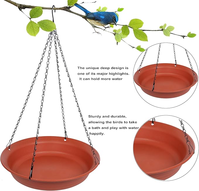 VUWEZ Hanging Bird Bath, Hanging Bird Water Feeder for Outdoors, Feeder Bowl, 1 Pack Birdbath Tray Accessories for Outside, Plastic Birdbaths Tray for Garden Patio Decoration (14", Terra Cotta)