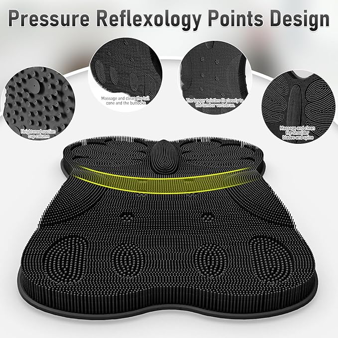 Back Scrubber Shower Bathtub Tub Body Bath Cushion Back Lumbar Support - Silicone Ergonomic Extra Large Thick Soft Seat Paded Non-Slip Suction Cups Relaxing Spa Exfloating Scrubber Mat Black