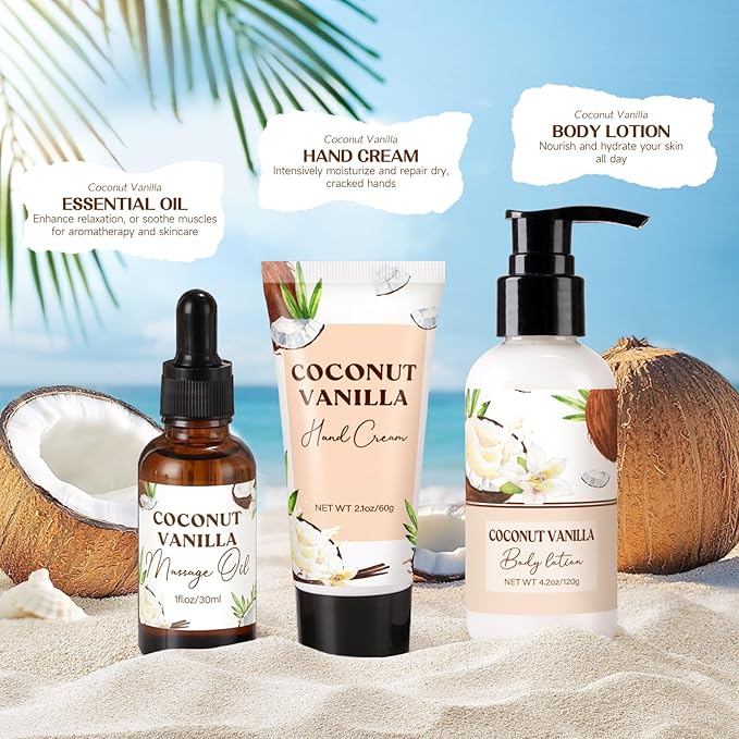 Mothers Day Gifts for Mom, Spa Gift Baskets for Women, Vanilla Coconut Bath and Body Gifts Set for Women, Home Spa Self Care Gift, Relaxing Bath Set for Mom Wife Sister Friends Sister Girlfriend