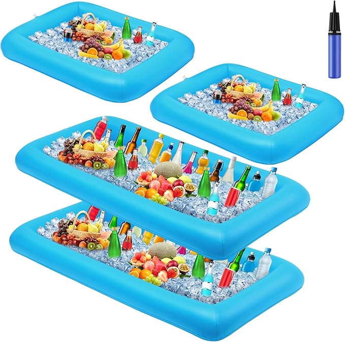 Leitee 4 Pcs Inflatable Ice Serving Bars Buffet Serving Tray Drink Cooler for Pool Party Inflatable Ice Tray Floating Food Drink Containers with Drain Plug and a Hand Pump, 2 Sizes (Blue)