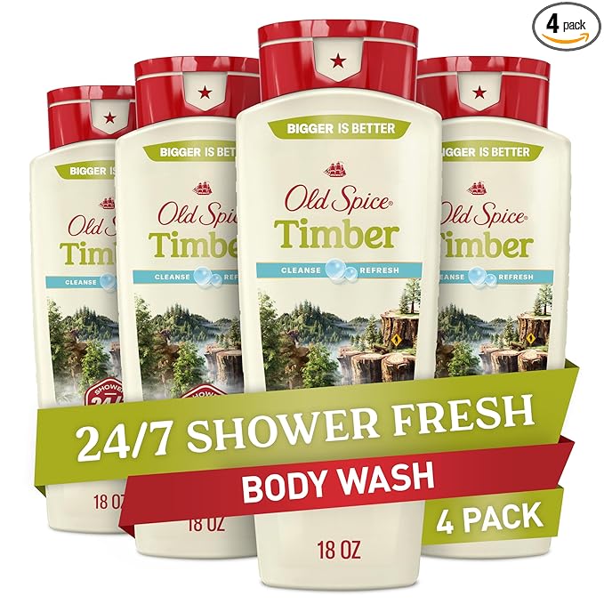 Old Spice Cleansing Body Wash for Men, 24/7 Shower Fresh with Lasting Scent, Cleanse & Refresh, Gentle on Skin, Vitamin B3, Timber with Sandalwood + Cypress Scent, 18 oz (Pack of 4)