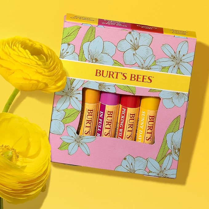 Burt's Bees Gifts Ideas - In Full Bloom Lip Balm Set, Original Beeswax, Dragonfruit Lemon, Tropical Pineapple & Strawberry, Natural Origin Lip Treatment, 4 Tubes, 0.15 oz. (Pack of 8)