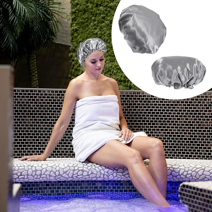 Ymapinc Reusable Shower Caps for Women, Waterproof Hair Shower Cap Adjustable Hair Cover Large Gray Layer Bonnet for Girls Spa Home Salon Use