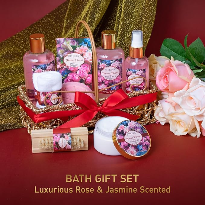 Gifts For Women Gift Basket – 9 Piece Set of ROSE JASMINE Home Spa Set, Friendship Gifts, Shower Care Set - Bath Pampering Package, Bath Gift Set for Her, Mom, Mothers Day,Christmas Gift for Women