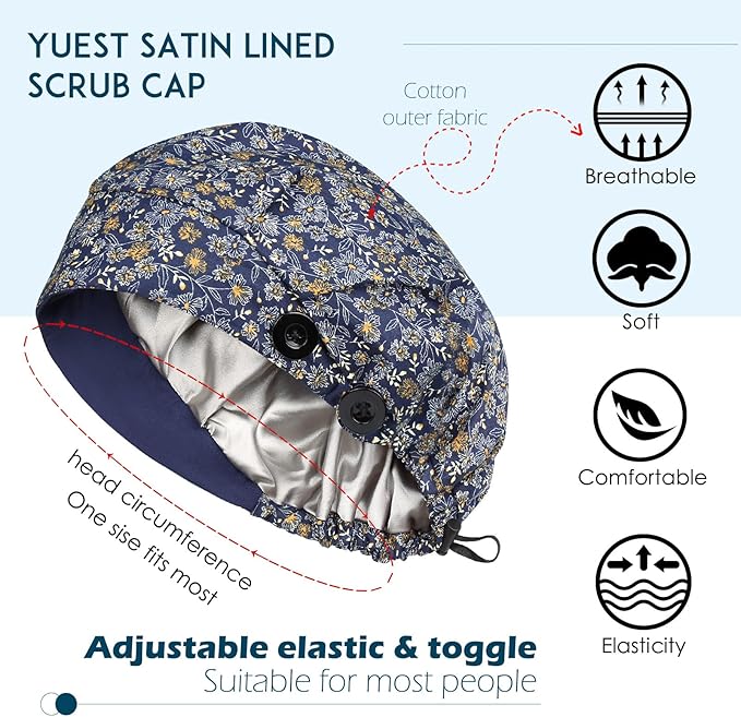 2 Pack Satin Lined Bouffant Scrub Caps with Buttons, Adjustable Scrub Caps for Women Men