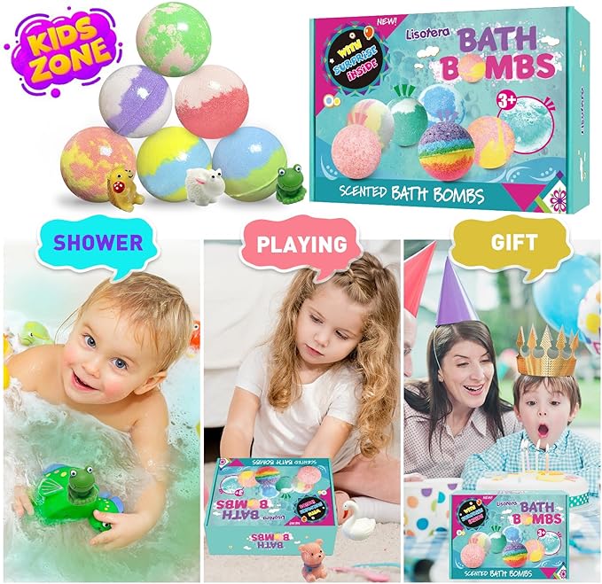 Bath Bombs for Kids with Surprise Inside, 12pcs Bath Bombs with Toys, Organic Colorful Bubble Bath Fizzy Ball, Easter Gifts Set for Kids, Birthday, Easter Basket Stuffers Gift for Boys Girls