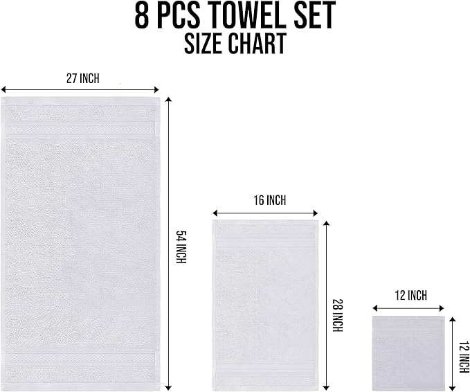 Towel and Linen Mart White Towel Sets, 2 Bath Towels 2 Hand Towels and 4 Washcloths 2 Ply Low Twist 600 GSM Ring Spun Highly Absorbent for Bathroom Hotel Shower Towel (8 Pack)