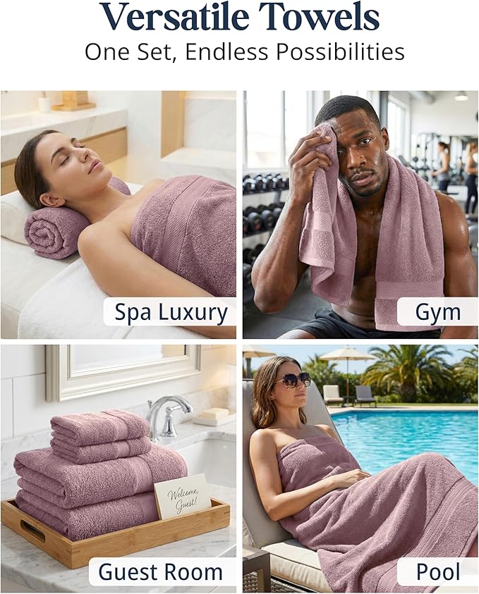 LANE LINEN 100% Cotton Turkish Towels for Bathroom - 16 Piece - Softer & Highly Absorbent - 4 Bath, 8 Wash cloths, 4 Hand Towels - Complete Family Set, Hotel Quality & Gentle on Skin - Wistful Mauve
