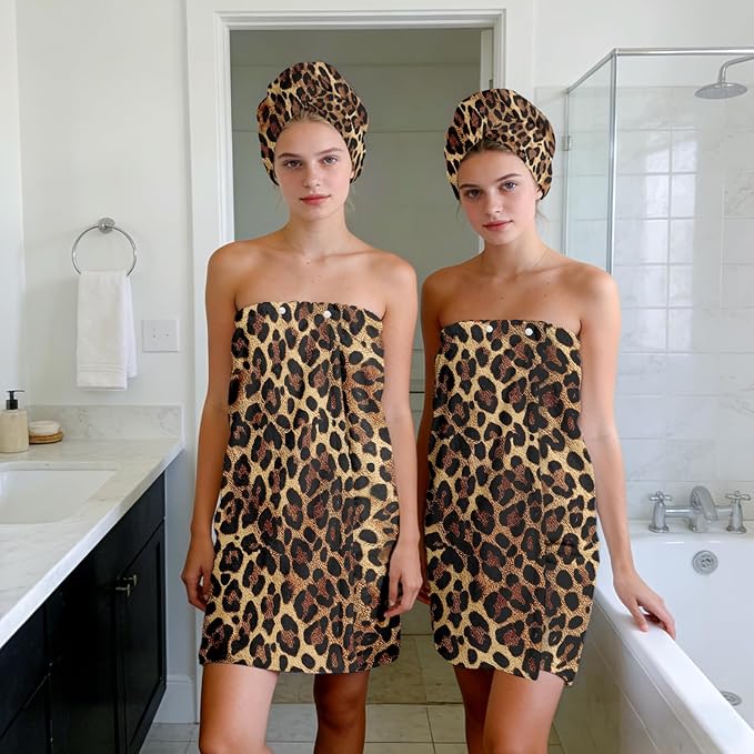 Absorbent Leopard Print Bath Towel Wrap Set for Women, Leopard Print Towel Wrap After Shower, Microfiber Shower Robe Body Towel Wraps for Women, Quick Dry Hair Towels Wraps for Spa Hotel Beach
