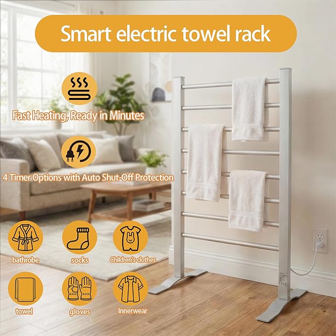 ELEGANTLIFE Fast-Heating Electric Towel Warmer for Bathroom, Heated Towel Rack with Timer & Auto Shut-Off, Aluminum 8-Bar Design, Freestanding or Wall-Mounted