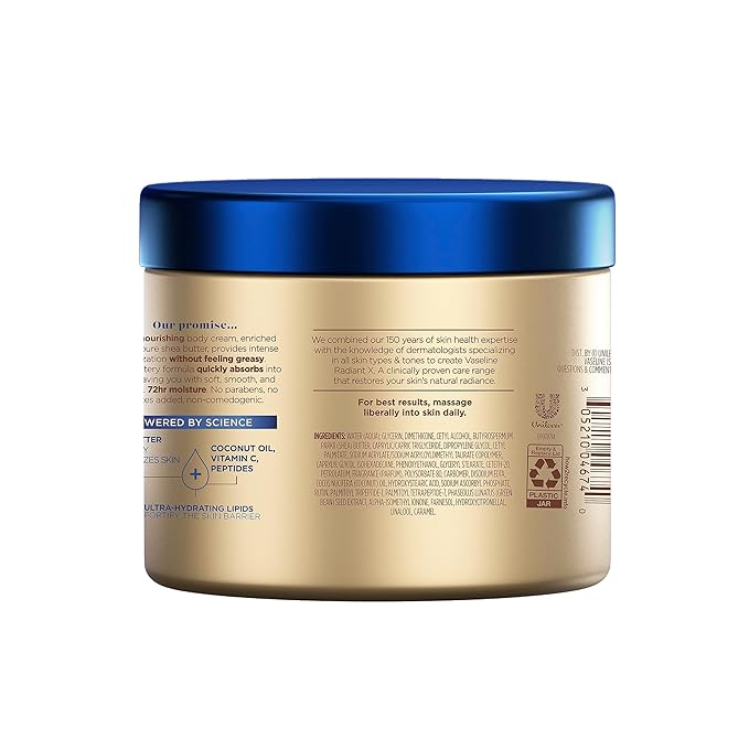 Vaseline Radiant X Deep Nourishment Body Cream 100% Pure Shea Butter, Coconut Oil, Vitamin C, & Peptides 10 oz (Pack of 6)