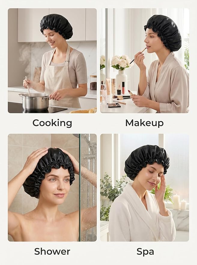 Aquior Shower Caps, Reusable Shower Cap for Women, Double Layer Waterproof Hair Cap, Large Size for All Hair Lengths,for Girls Spa Home Salon Use (Black)