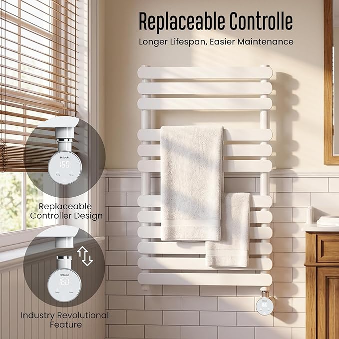 Towel Warmer, Large Size Heated Towel Rack with Built-in Timer and Temperature Control, Detachable Controller, Hardwired/Plug-in, White