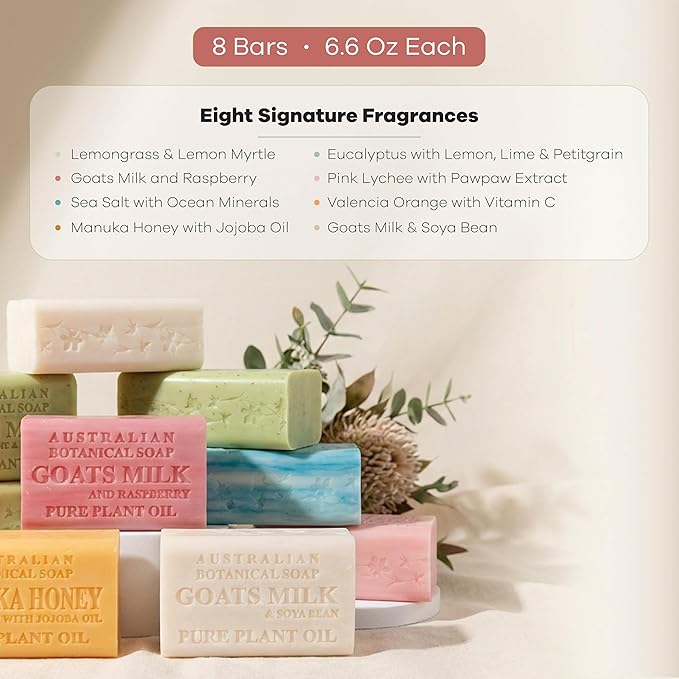 Australian Botanical Soap Variety Pack, 6.6 oz Bars – Goat Milk, Eucalyptus, Manuka Honey, Sea Salt, Pink Lychee, Lemongrass, Raspberry, Valencia Orange – Enriched with Organic Shea Butter, Pack of 8