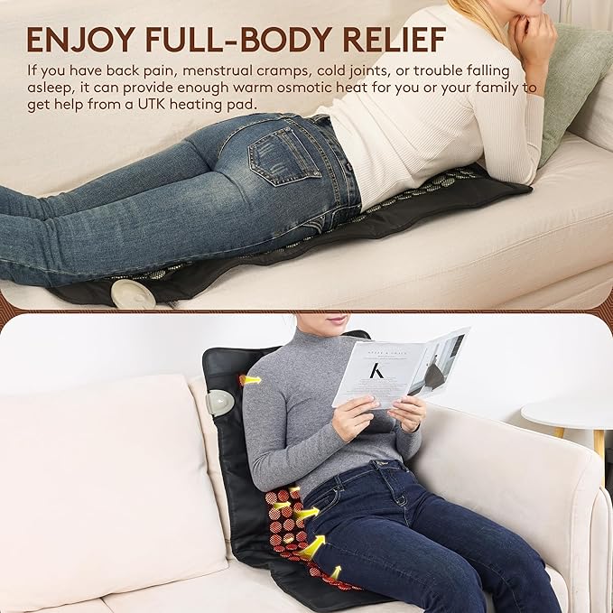 UTK Far Infrared Heating Pad for Back, 5X Deeper Pain Relief for Full Back, Thigh, Hip, Muscle, Hotter to 159℉, Weighted Electric Mat with Jade Tourmaline Stones, 22" x 39" Extra-Large Size