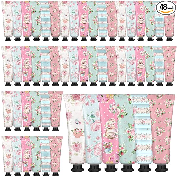 Tea Party Hand Cream Gift Set Wonderland Floral Tea Party Favor Flower Moisturizing Hand Lotion Bulk Dry Cracked Care Cream Teapot Favor Boxes Treat Gift Goodie for Baby Shower, 20 ml(48 Pcs)