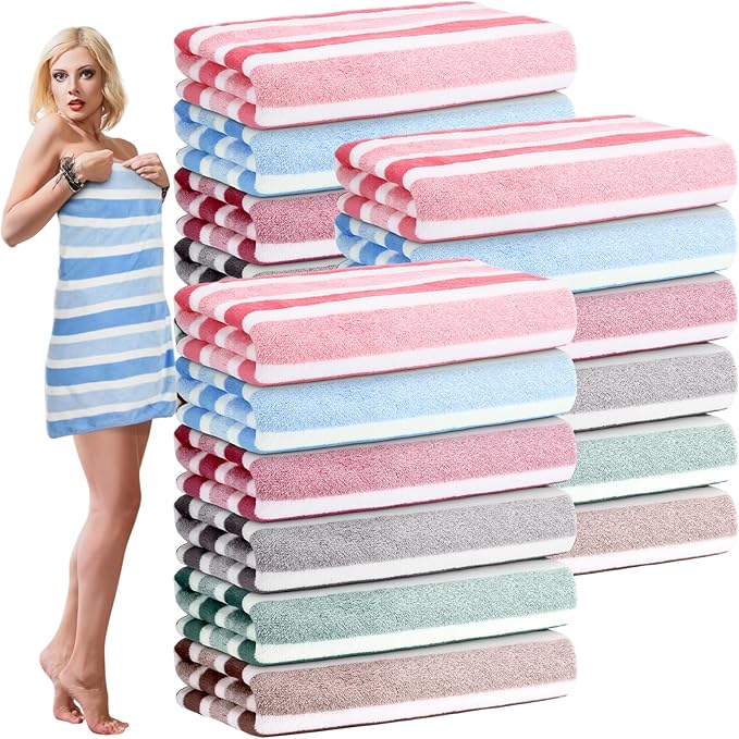 SmoothNovelty 18 Pack Microfiber Bath Towels Bulk 27'' x 60'' Oversized Size Bath Towel Highly Absorbent Extra Large Soft Drying for Beach Shower Summer Salon Sport Gym Party (Stripes,Neutral)