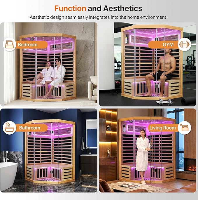 OUTEXER Sauna Corner Saunas for 2-3 Person 120V Home Indoor Canadian Hemlock Far Infrared Saunas 1935W Low-EMF Dry Saunas with 7 Color Starry Sky Ceiling Light Therapy 47.2 * 47.2 * 74.8inch