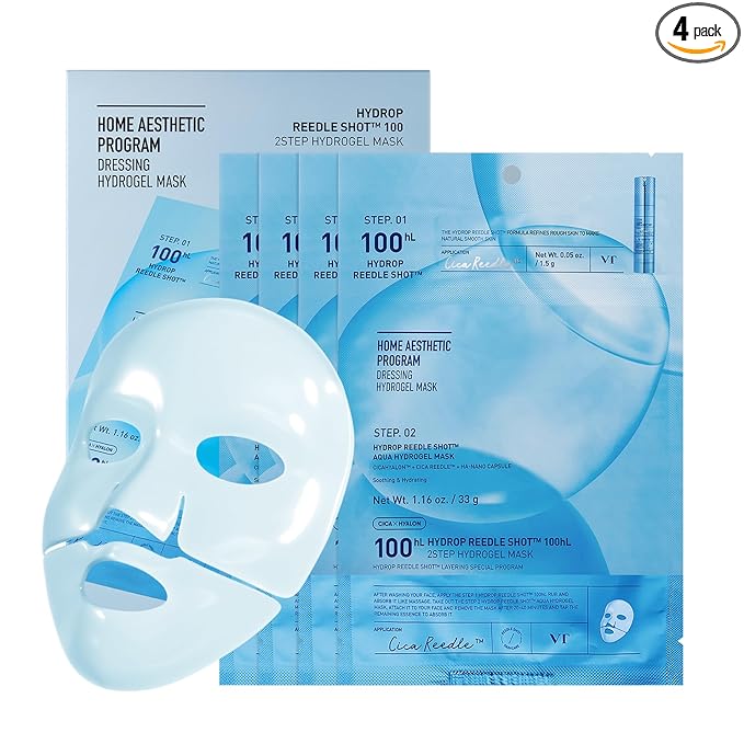 VT COSMETICS Hydrop Reedle Shot 100hl 2-Step Hydrogel Mask(34.5gx4ea), Intensive Hydrating, Exosome Hyaluronic Acid, Dewy & Glass Skin, Overnight Melting Mask, Korean Facial Mask