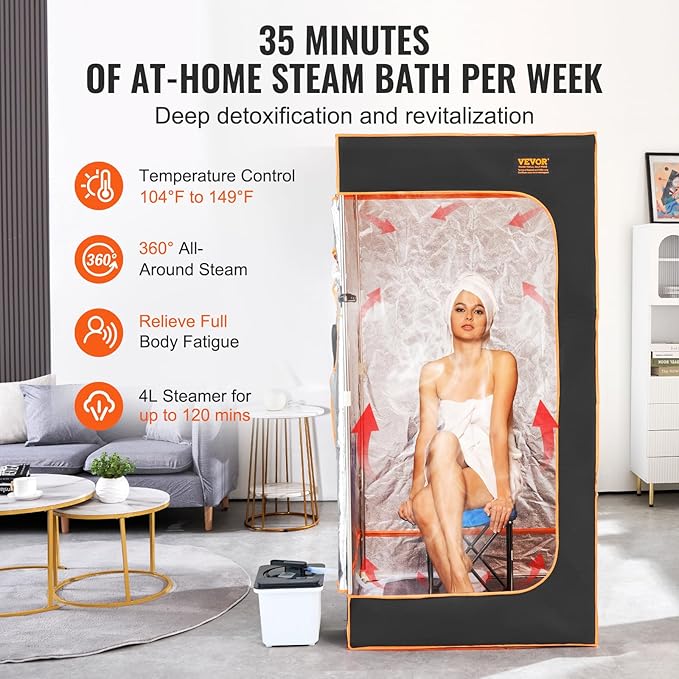 VEVOR Portable Steam Sauna Tent Full Size, 1600W with Visible Window, Personal Sauna Kit for Home Spa, Soothing Heated Body Therapy,Time&Temperature Remote Control with Chair,Black, 2.9’x 2.9’x 5.8’