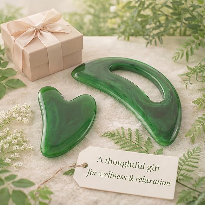 BBTO 2 Pcs Body Gua Sha Tool Large Resin Scraping Tools with Handle for Back, Neck, Face, Leg - Lymphatic Drainage, Cellulite Removal, Muscle Relief (Green)