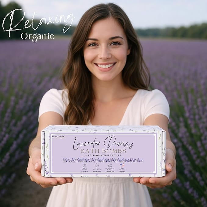 EvolutionUSA 3 Lavender Dreams Bath Bombs for Women – Organic Flower Bath Bombs, Soft Lavender Bath Fizzers, Womens Bath Gift Valentines or Easter, Lush Bath for Girls, Mothers Day Bathbombs